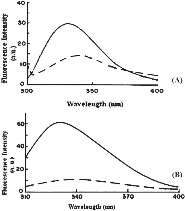 Lipid-induced perturbation Trp fluorescence emission spectrum of VCC (A) and VCC50 (B). The two cytolysin forms were incubated with phosphatidylcholine-cholesterol liposome at a protein concentration of 50 µg/ml and lipid:protein ratio of 1:10. Samples were excited at 295 nm with slit widths set at 2.5 nm.