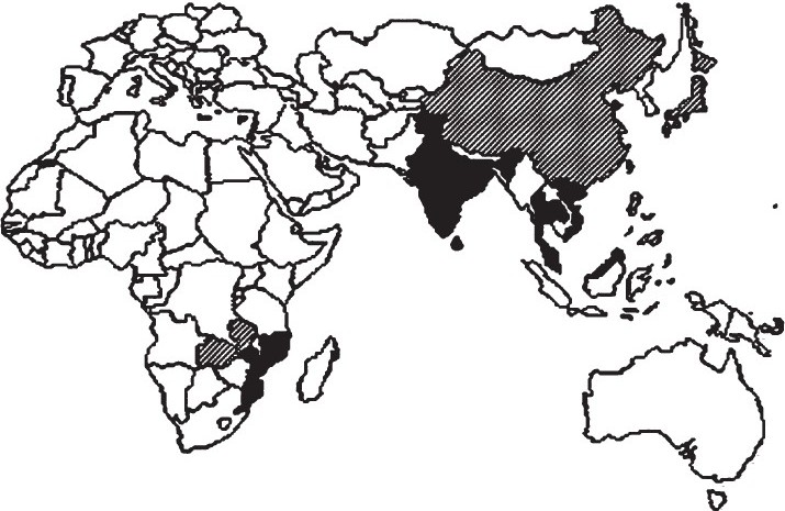 Map showing the scenario of the spread of atypical V. cholerae. Countries where any atypical strain was the determinant of cholera outbreak (black label ) and countries that have already isolated atypical strains from cholera cases (hatched label ).