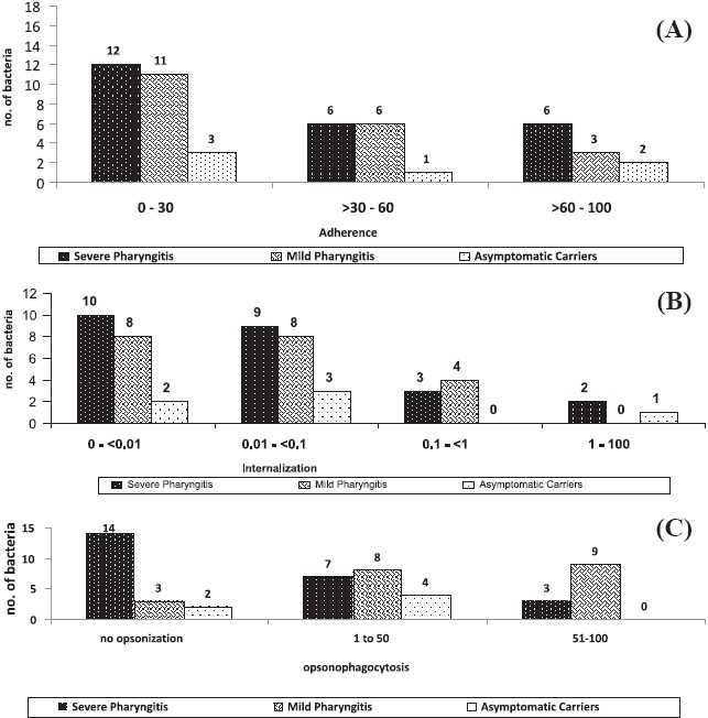 Virulence potential of S. pyogenes isolated from children. (A) Adherence of GAS to HEp-2 cell line. (B) Internalization of S. pyogenesin HEp-2 cell line. (C) Opsonophagocytosis of S. pyogenes.