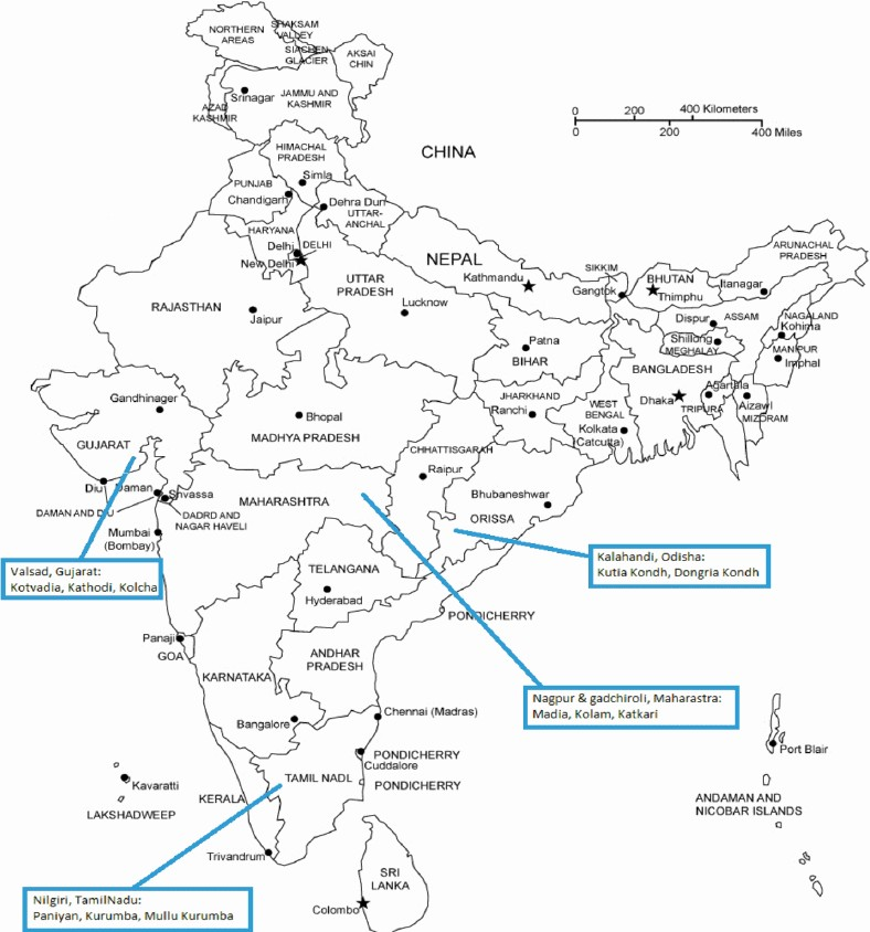 Map of India showing the locations of the tribal populations screened. Source: http://www.freeusandworldmaps.com/html/Countries/Asia%20Countries/IndiaPrint.html.