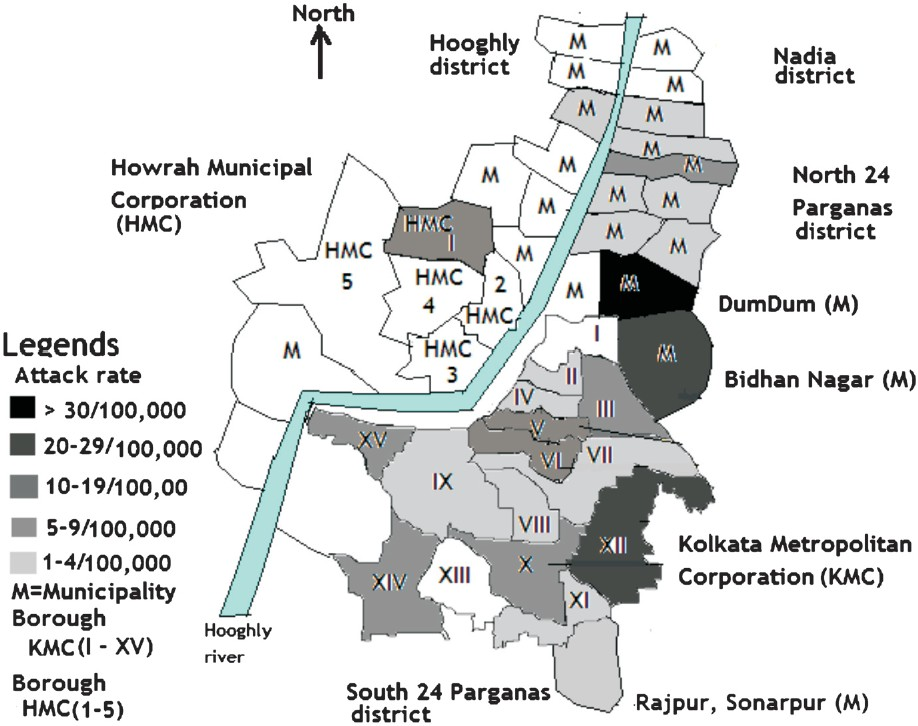 Attack rate per 100,000 population of ILI by borough of Kolkata Metropolitan Corporation, Howrah Municipal Corporation and municipality areas of Greater Kolkata Metropolitan Areas, West Bengal, India, 2010 (Map not to scale)