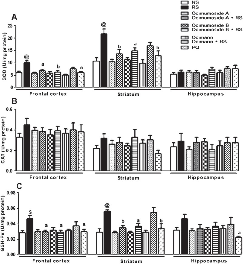 Histogram representing the activities of SOD (A) , CAT (B) and GSH-Px (C) in the frontal cortex, striatum and hippocampus of the control (NS), stressed (RS) and OS treated groups. Results are represented as mean ± SEM; (n=8). $P<0.01, @P<0.001 compared to NS group (ANOVA, Tukey-Kramer post hoc test). aP<0.05, bP<0.01, cP<0.001 compared to RS group.