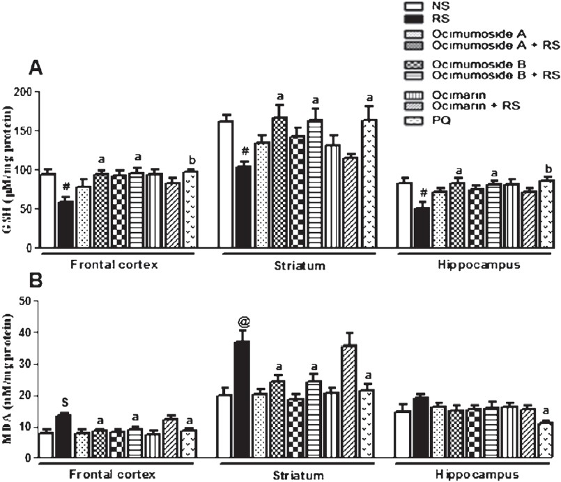 Histogram representing the levels of GSH (A) and MDA (B) in the frontal cortex, striatum and hippocampus of the control (NS), stressed (RS) and OS treated groups. Results are represented as mean ± SEM; (n=8) #P<0.05, $P<0.01, @P<0.001 compared to NS group (ANOVA, Tukey-Kramer post hoc test). aP<0.05, bP<0.01, cP<0.001 compared to RS group.