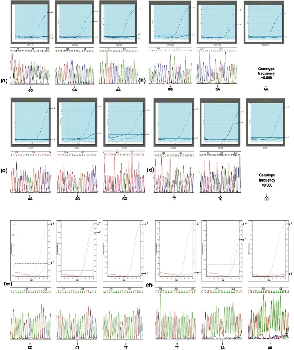Realtime-PCR and DNA sequencing of CYP450 polymorphisms tested. (a) CYP2C19 *2, (b) CYP2C19 *3, (c) CYP3A5 *3, (d) CYP3A4 *18A, (e) CYP2E1*5B, (f) CYP2E1*6.