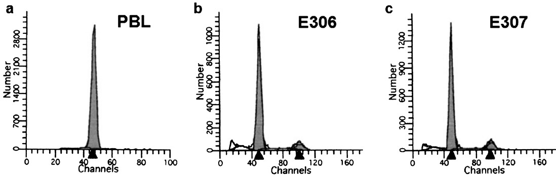 Flow cytometry analysis showing the diploid status of PBLs isolated from healthy subject and two representative LCLs E306 and E307. The black arrows in the histogram X- axis represent the channel number of the respective cell cycle stage. Arrow at smaller channel number corresponds to G0/G1 stage of cell cycle while the other arrow corresponds to G2/M stage which is located at approximately double position.