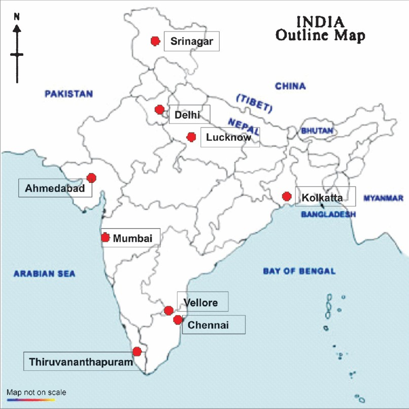Map of India showing the location of nine cities from where the publications on XDR-TB have emerged. The circles are placed at approximate geographic locations. Except in Delhi with two centres, every other city had only one centre reporting XDR-TB. In Tamil Nadu State there are two centres, Chennai and Vellore.