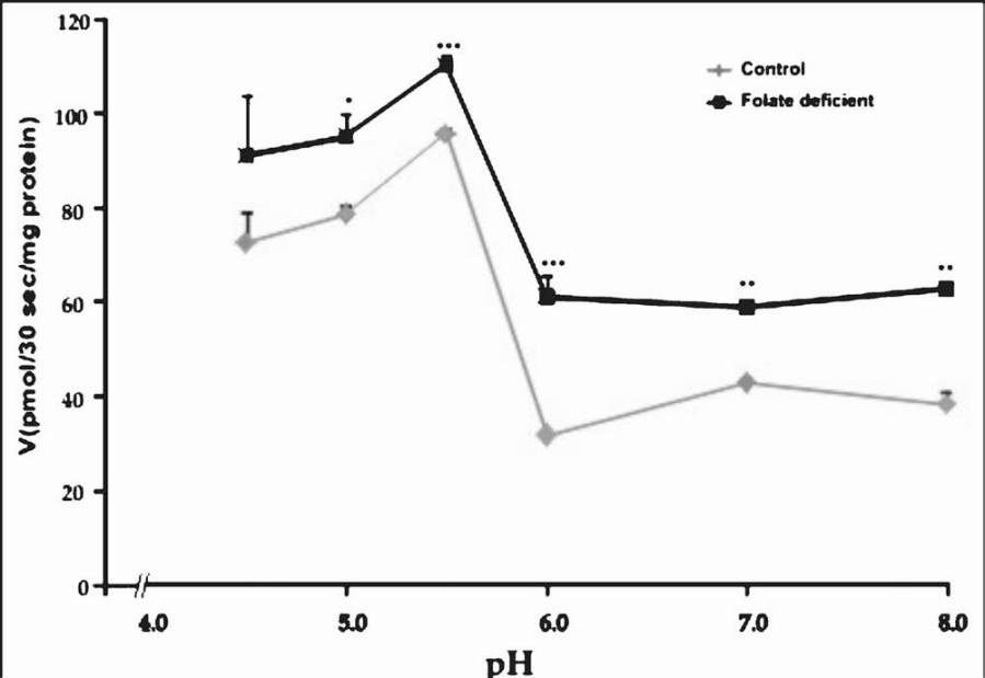 Uptake of [3H]-folic acid in the intestinal brush border membrane (BBM) as a function of pH optimum. Each data point is mean ± SD of 4 separate uptake determinations. P*<0.05, **<0.01, ***<0.001 vs. control.