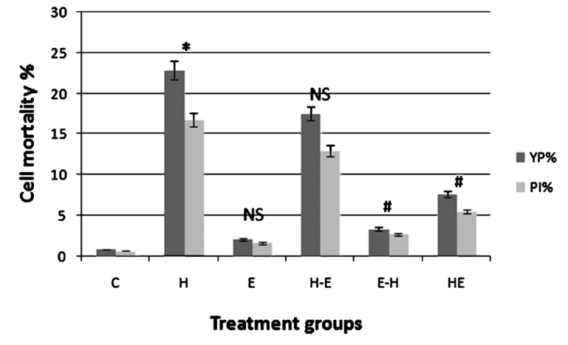 Cell mortality of gLECs in different treatment groups. Number of cells positive for YP and PI are expressed as a percentage of number of cells positive for Ho. Treatment group as defined in Fig. 1. Values are mean ± SE (n=3). NS, non significant. *P <0.001 compared with control; #P<0.001 compared with H.