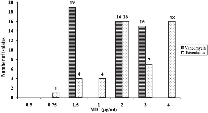 MIC values for vancomycin (50) and teicoplanin for MRSA.
