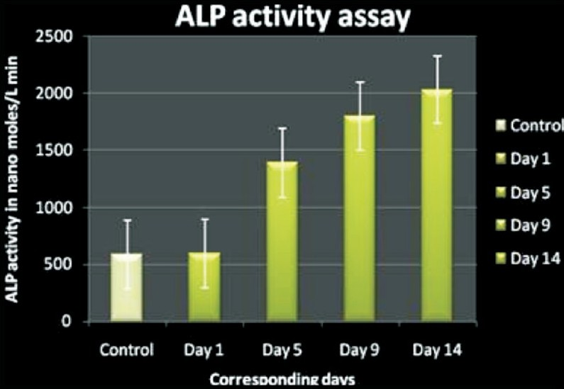 Alkaline phosphatase activity in cultured cells. Alkaline phosphatase activity was determined by absorbanoe spectroscopy and is represented as mean standard deviation with N=3. Groups are significantly different (P<0.05) in the enzyme activity during different culture days (X axis- Days, Yaxis- ALP during different log or time points during culture days).