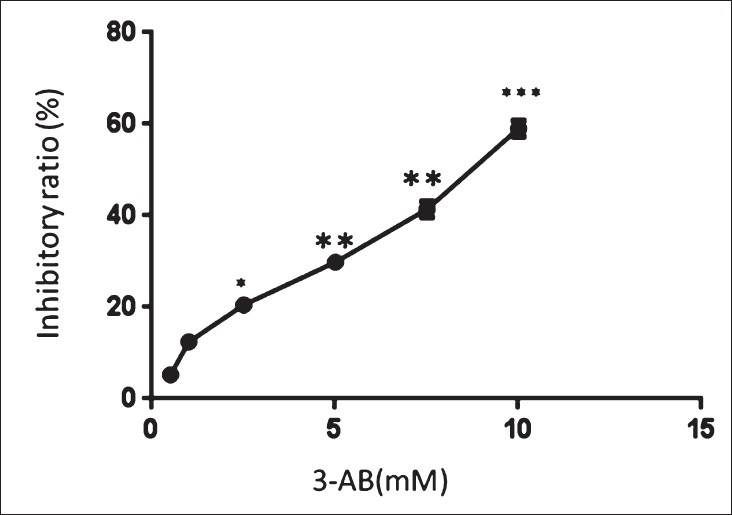 Influence of 3-AB on the cellular proliferation (inhibitory ratio) detected by MTT. The inhibitory ratios of the C13* cells were associated with the concentration of 3-AB (0, 0.5, 1, 2.5, 5, 7.5 and 10 mmol/l).