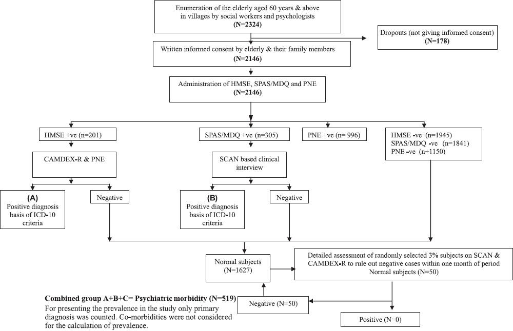Flow chart of the study procedure. HMSE, Hindi Mental State Examination; SPAS, Survey Psychiatric Assessment Schedule; MDQ, Mood Disorder Questionnaire; PNE, Physical and Neurological Examination; SCAN, Schedule for Clinical Assessment of Neuropsychiatric Disorders; CAMDEX-R, Cambridge Examination for Mental Disorders of the Elderly - Revised.