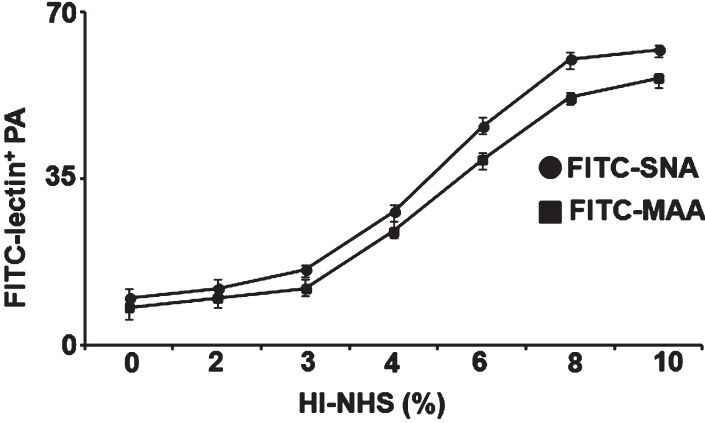 Adsorption of sialic acids by PA from normal human serum, used as a source of sialic acids. PA was cultured in tryptic soy broth (TSB) containing increasing concentrations of heat inactivated normal human serum (HI-NHS, 2-10%). Flow cytometric analysis showed adsorption of α2,6-linked sialic acids [Sambucus nigra agglutinin (SNA) positivity, filled square] and α2,3-linked sialic acids [Maackia amurensis agglutinin (MAA) positivity, filled circle] from HI-NHS. Data were presented as per cent of FITC-lectins positive PA cells. Reproduced with permission from Society for Leukocyte Biology, Bethesda, USA (J Leukoc Biol 2012; 91: 641-55).