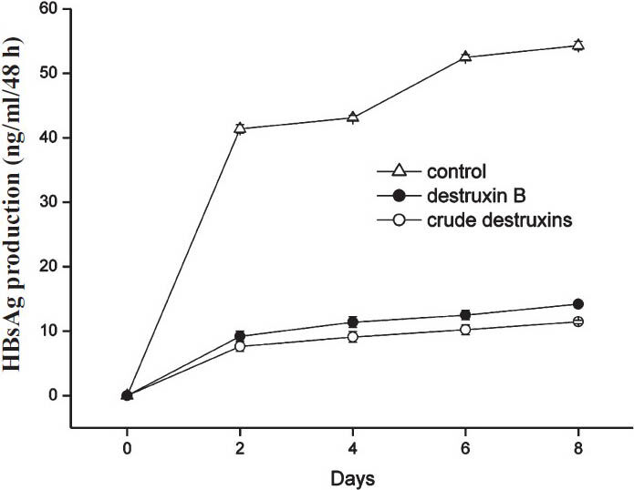 Inhibitory effect of 2.0 μg/ml of crude destruxins on the production of HBsAg in HepG2.2.15 cells after a different time of treatment. HepG2.2.15 cells were treated without or with 2.0 μg/ml of crude destruxins or 2.0 μg/ml of destruxin B and incubated for 2, 4, 6, 8 days. The medium with drug was changed every two days and the amount of HBsAg in culture medium was determined by radioimmunoassay. Date are expressed as mean ± SD (n=3).