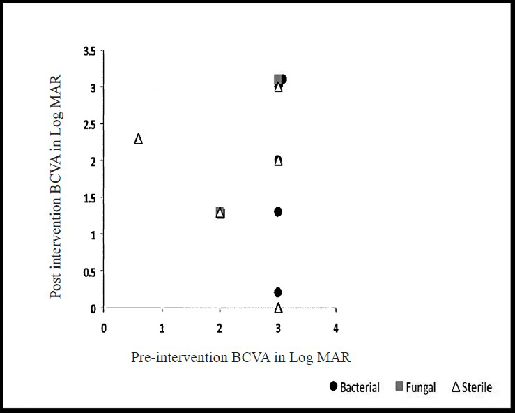 Comparison of pre- and post-intervention BCVA (LogMAR) in endogenous endophthalmitis (n=15, bacterial-6, fungal-2, sterile-7, missing data=3).