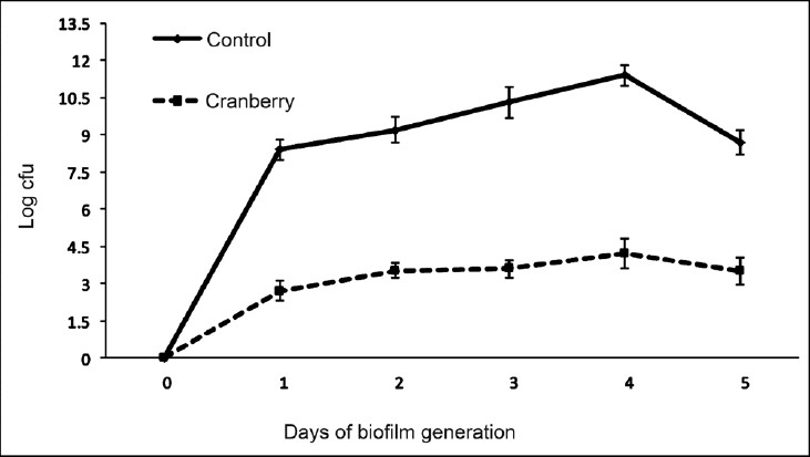 Generation of biofilm (expressed in log cfu) by Pseudomonas aeruginosa on catheter surface in absence and presence of sub-inhibitory concentration of cranberry from day 1 to day 5. Results are expressed as mean ± SD.