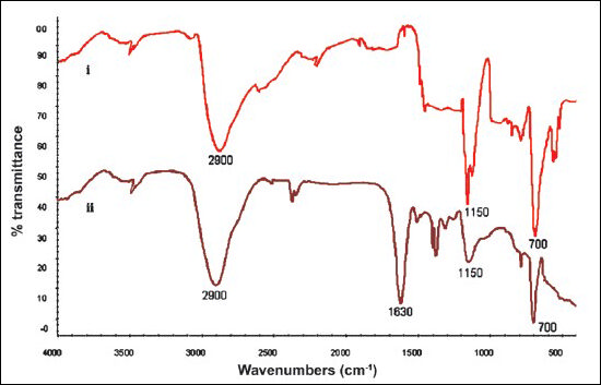 FTIR spectra of (i) plasticized PVC and (ii) plasticized PVC sheet bound enzymes.