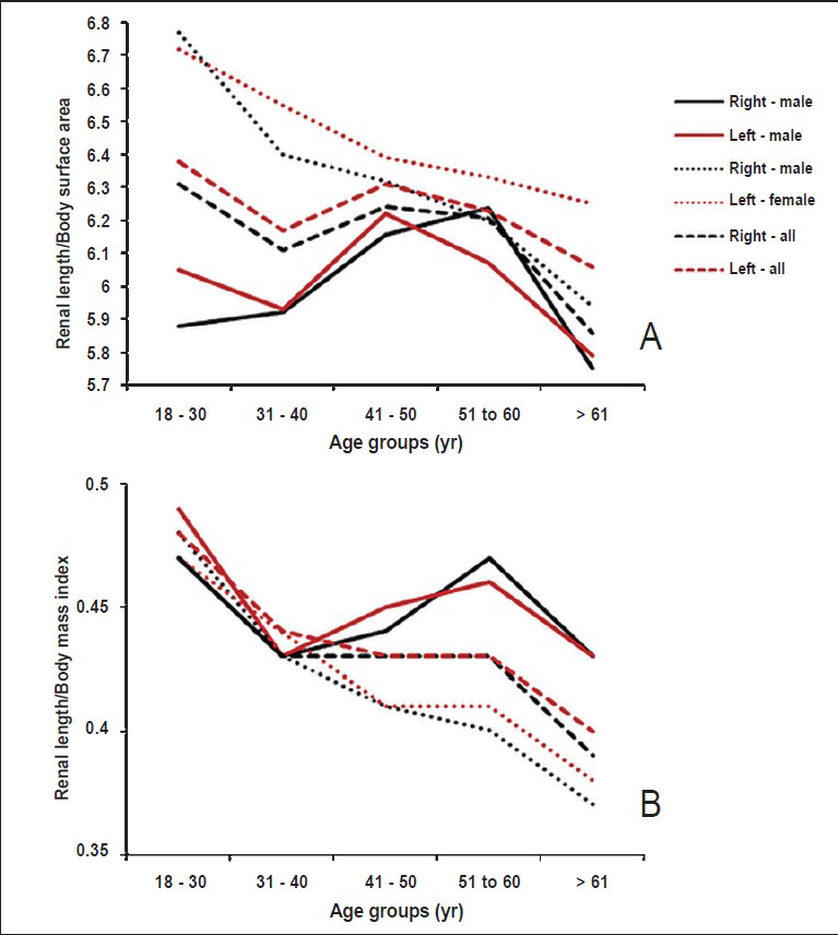 Graphs showing the distribution of renal indices against age-groups, (A) Mean values without SD of renal length / body surface area and (B) mean values without SD of renal length / body mass index with age.