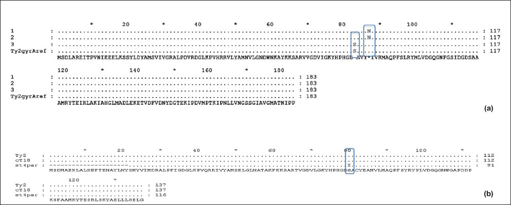Fig. a. Double mutation in gyrA gene at S83 and D87. Fig. b. Mutation in parC gene at S80. Fig. a and b show mutations, found in a clinical isolate of S. Typhi.