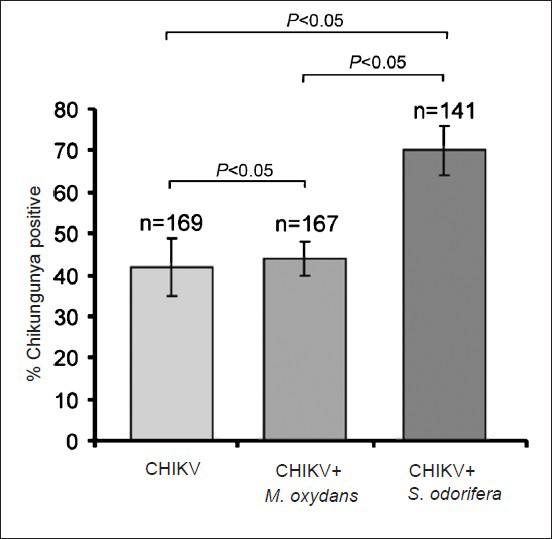 Significance of S. odorifera presence in the blood meal on CHIKV susceptibility of Ae. aegypti. The presence of S. odorifera in the blood meal significantly enhanced the CHIKV susceptibility (P<0.05) compared to M. oxydans.