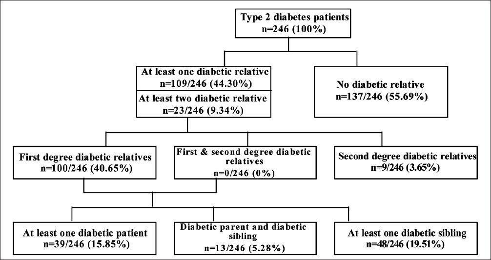 Family history of diabetes in the studied population. Flow chart showing the frequency of diabetes in the relatives. Data are number (percentage in parenthesis) of index patients having at least one first or second degree relative with diabetes.
