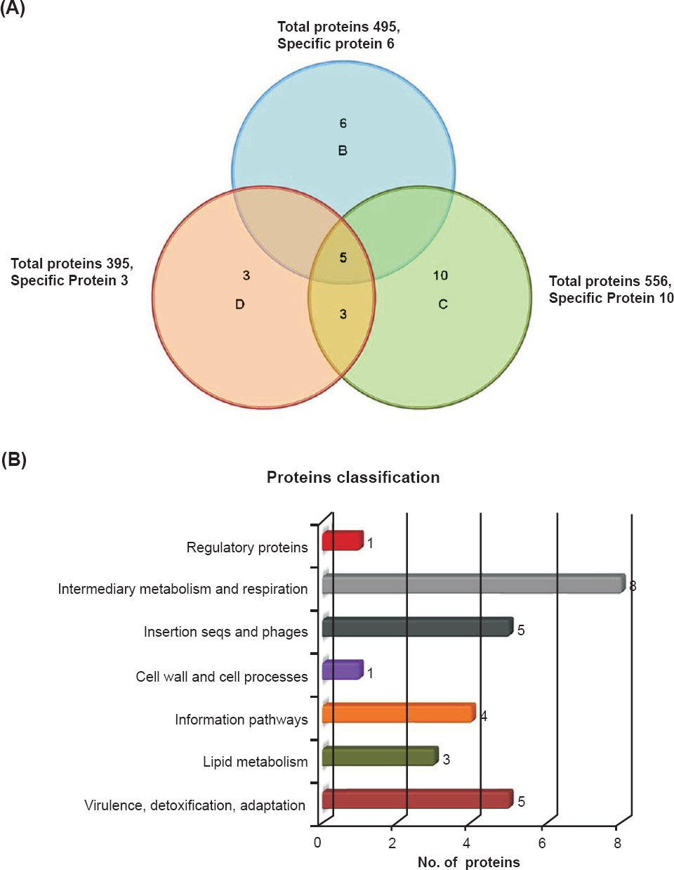 Upregulated proteins, their distributions, amount of overlap and functional classification in Mtb clinical isolates: (A) Upregulated proteins distribution and amount of overlap in clinical drug resistant isolates. (B) Functional classification of differentially expressed proteins according to the TubercuList Server.