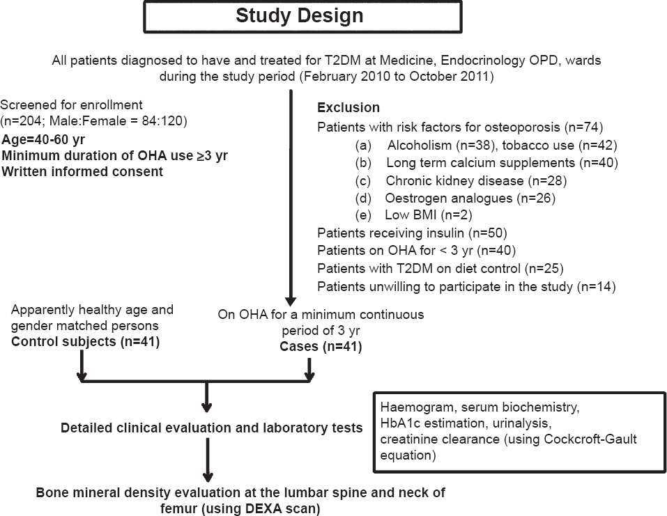 Flow diagram showing the study plan. More than one exclusion criteria were observed in some patients. T2DM, type 2 diabetes mellitus; OPD, out-patient department; OHA, oral hypoglycaemic agents; BMI, body mass index; HbA1c, glycosylated haemoglobin; DEXA, dual energy X-ray absorptiometry.