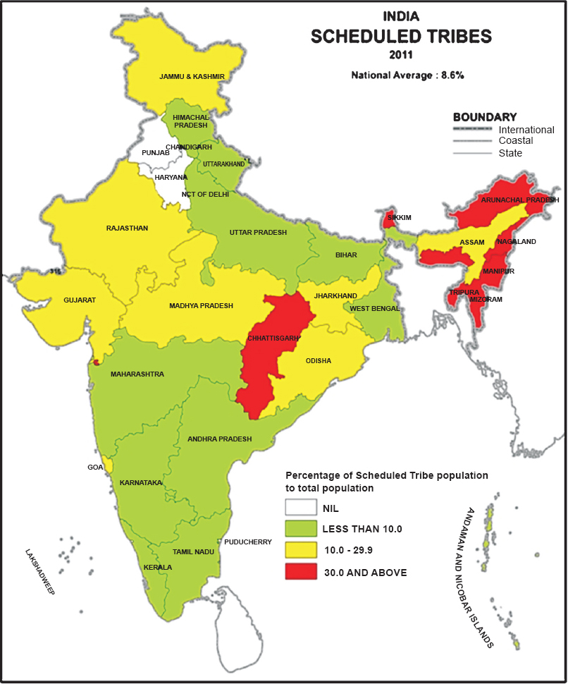 Map showing states in three categories of ST population.