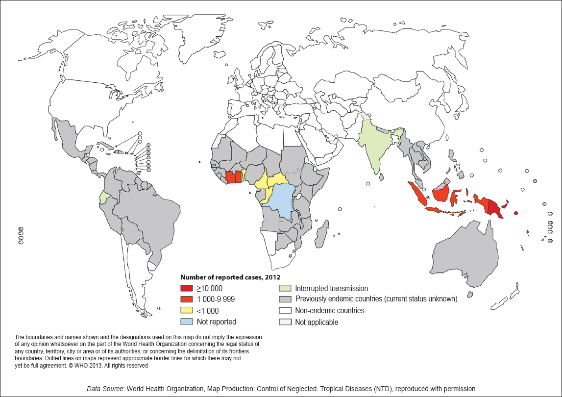 Distribution of yaws, worldwide, 2012.