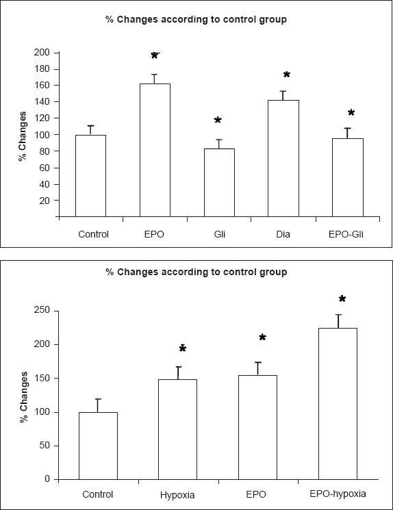 HIF-1 α mRNA expression changes in control, EPO, diazoxide, glibenclamide groups under normoxic and hypoxic conditions. Results are given as % change compared with control. β-actin was used as internal control. (Con: control group, EPO: erytropoietin (10 IU/ml) group, Gli: glibenclamide (100 μM) group, Dia: diazoxide (100 μM) group, EPO-Gli: erytropoietin (10 IU/ml) and glibenclamide (100 μM) group) (n=40 observations). *P<0.01 compared with control.