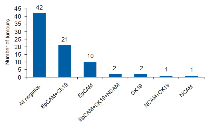 Distribution of tumours according to immunohistochemical staining pattern (n=79). EpCAM, epithelial cell adhesion molecule; CK19, cytokeratin 19; NCAM, neural cell adhesion molecule.