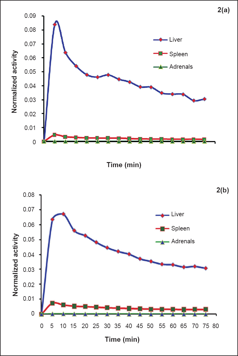 Time activity curves normalized to the administered activity for adult males (2a) and females (2b) liver, spleen and adrenals.