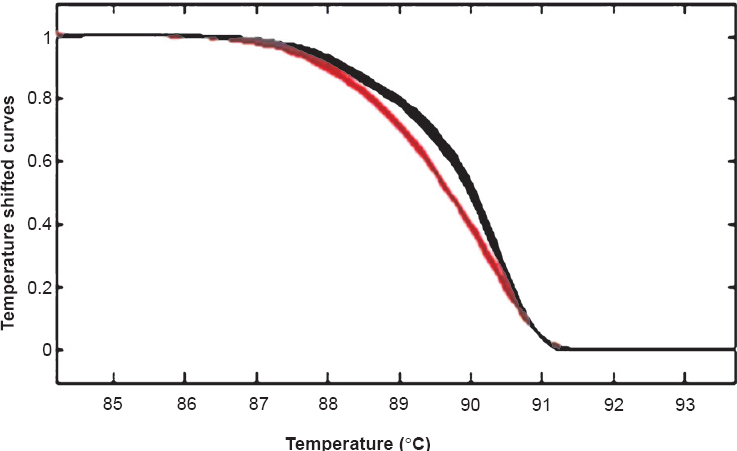 Melt Analysis of exon 21: Left shifted curves (red) are patient harbouring mutation, Right sided curves (grey) are wild type.