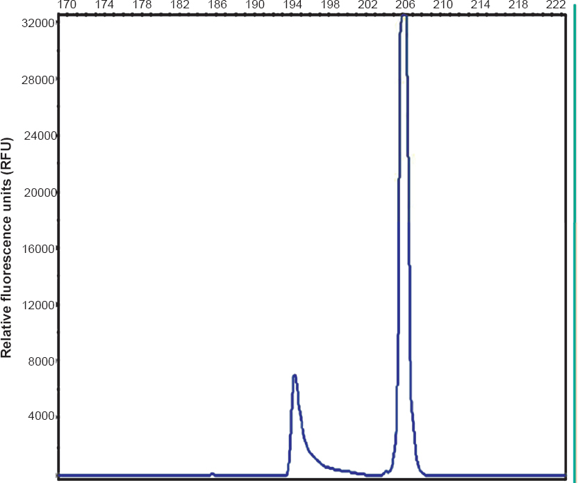 Fragment analysis of exon 19: Smaller peak depicting the deletion.