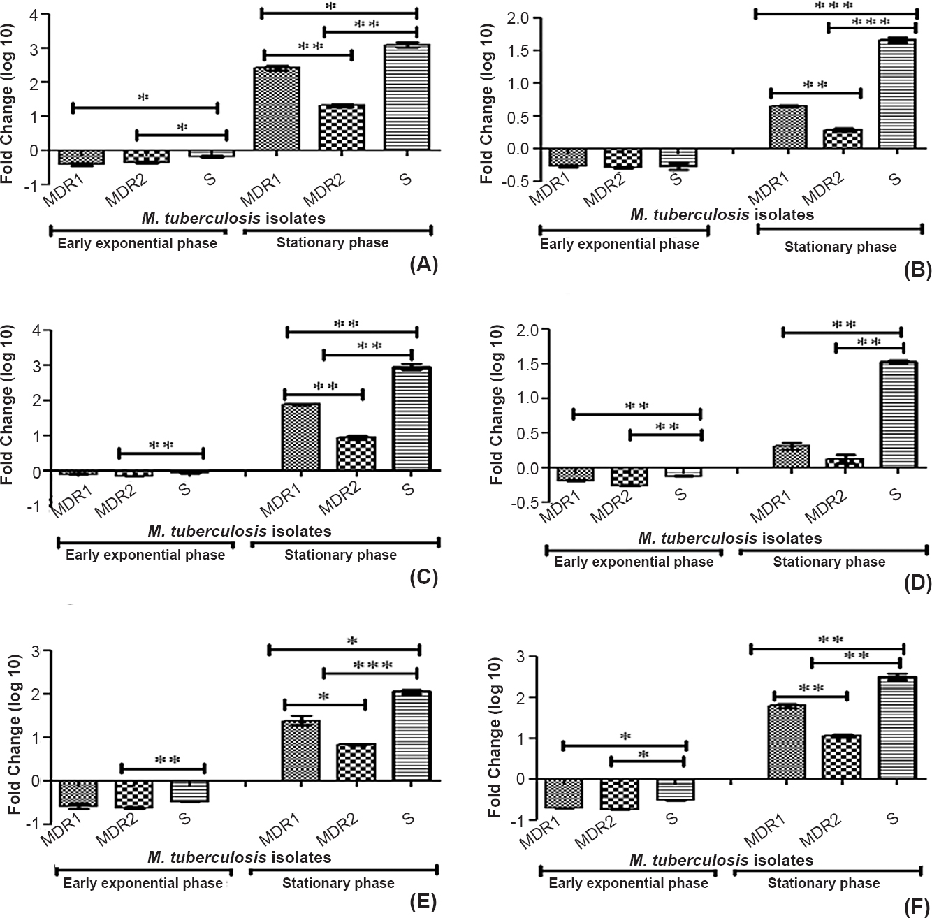 Relative expression (fold change in logarithmic graphics) analysis of mce1A gene (A), mce1D gene (B), mce2A gene (C), mce2D gene (D), mce3A gene (E), mce3C gene (F) of M. tuberculosis isolates (multi-drug resistant and sensitive) during two different growth stages (early-exponential and stationary phases) using gene specific primers by real time PCR. MDR1-Multi-drug resistant isolate (resistant to rifampicin, isoniazid, ethambutol), streptomycin, MDR 2- multi-drug resistant isolate (resistant to both isoniazid and rifampicin), S, sensitive isolate. P*<0.05, **<0.01, ***<0.001.