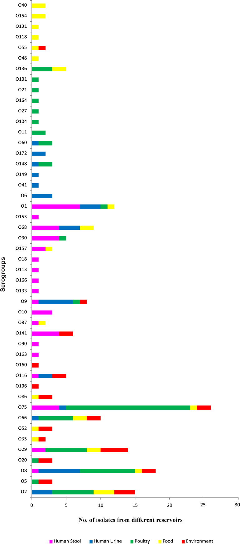 Distribution of various serogroups among different reservoirs. Serogroups O40, O154, O131, O118 and O48 were isolated only from food; O101, O21, O164, O27, O104 and O11 were isolated only from poultry; O153, O18, O113, O166, O133, O10, O90 and O163 were isolated only from human stool; O149, O41 and O6 were isolated only from human urine; O160 and O106 were isolated only from environment.