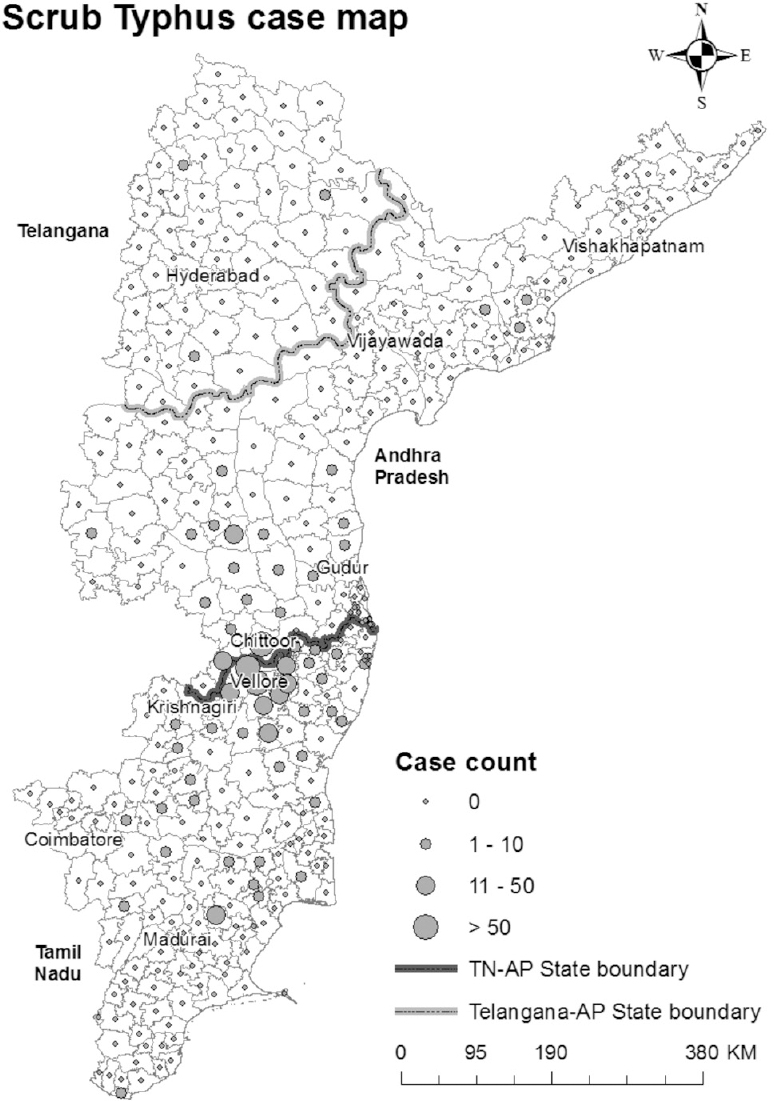 Distribution of scrub typhus cases from Tamil Nadu, Andhra Pradesh and Telangana States during the study period.