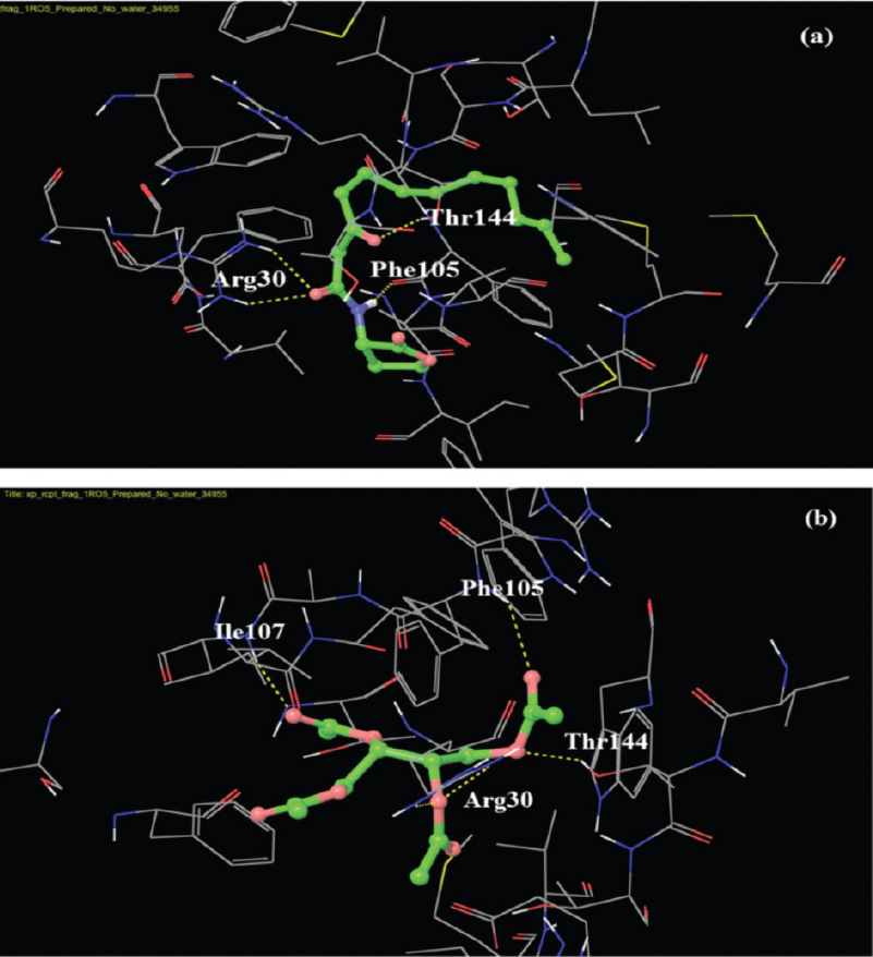Docking pose of 3-oxo-C12-HSL (homoserine lactores) (a) and 2,3,4-triacetyloxybutyl acetate (b) in the acyl-binding site of LasI. The ligands are shown as ball-and-stick model with hydrogen-bonds represented by yellow dotted lines; oxygen atoms in red and hydrogen atoms in white. The possibilities of hydrogen bond formation between the compound and amino acids of acyl site of LasI are presented.