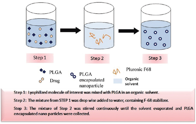 Method of poly-lactide-co-glycolide (PLGA) encapsulation of drugs for drug delivery, using solvent displacement technique under optimal conditions.