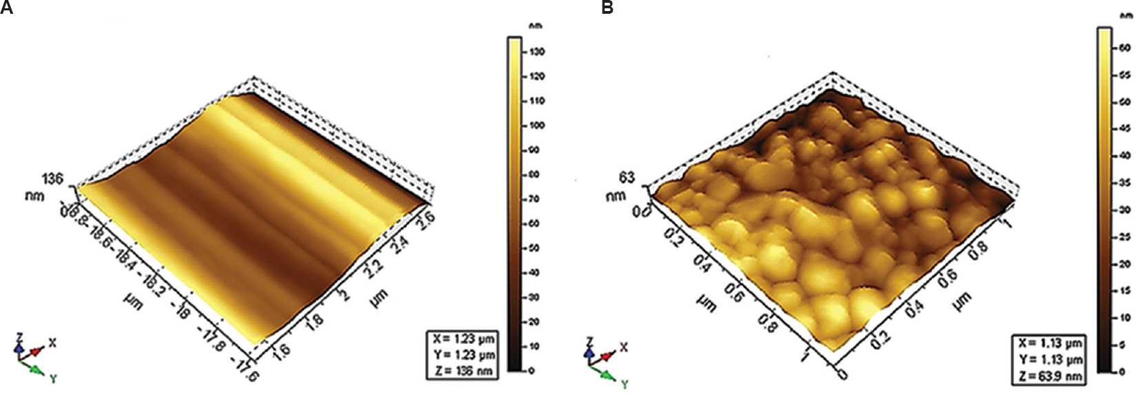 Atomic force microscopy image of the surface (A) Uncoated surface (B) Coated surface.
