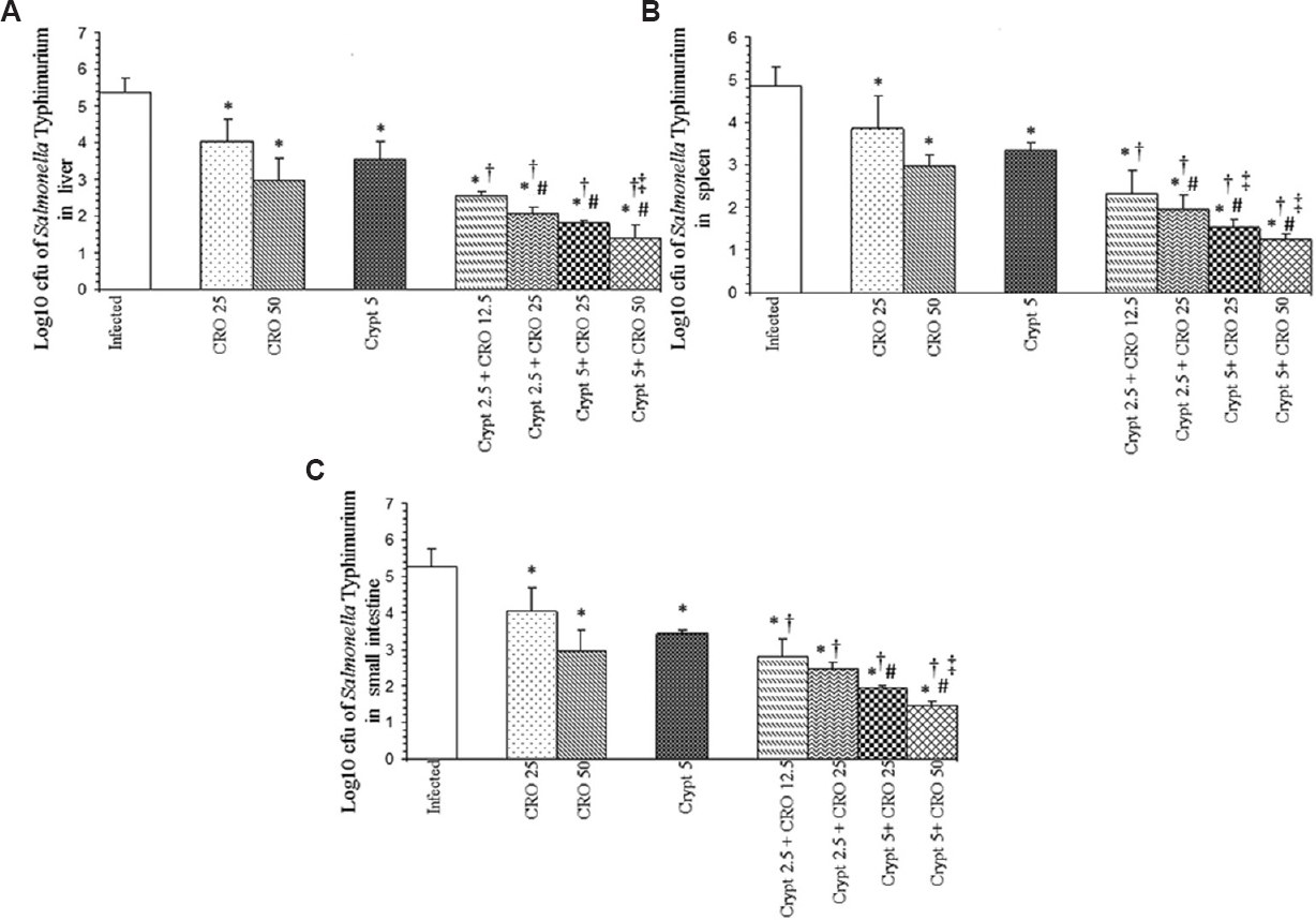 Log10 cfu of Salmonella Typhimurium in (A) livers, (B) spleens and (C) small intestines of infected mice after 48 h of therapy with cryptdin-2 (cry) and ceftriaxone (CRO) separately and in combination. Values are expressed as mean ± standard deviation of three independent experiments. *P<0.05 compared to untreated mice (infected-control); #P<0.05 compard to mice treated with cryptdin-2 (5 μg/mouse); †P <0.05 compared to mice treated with CRO (25 mg/kg body weight); ‡P<0.05 compared to mice treated with CRO (50 mg/kg body weight). Uninfected control group comprising six mice was also used in the study (not shown as no bacterial load was recovered from this group).