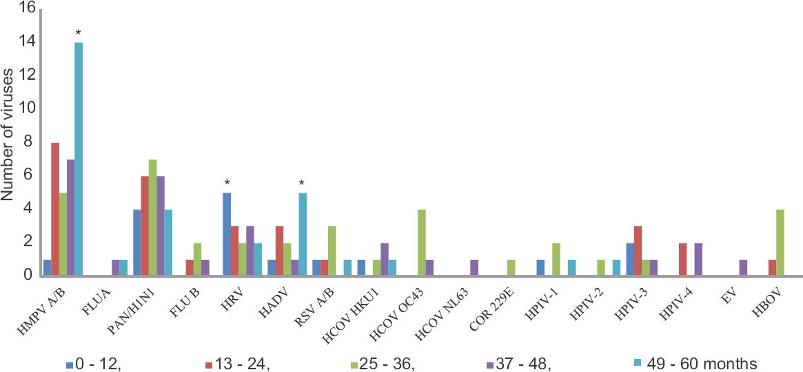 Graph showing the distribution of different respiratory viruses among children of different age groups (in months). *P < 0.05 (χ2 test, comparison among the different age groups). HMPV A/B, human metapneumovirus A/B; FLUA, influenza A; PAN/H1N1, Pandemic H1N1; FLUB, influenza B; HRV, human rhinovirus; HADV, human adenovirus; RSV A/B, respiratory syncytial virus A/B; HCOV HKU1, human coronavirus HKU1; HCOV OC43, human coronavirus OC43; HCOV NL63, human coronavirus NL63; COR 229E, human coronavirus COR 229E; HPIV-1, human parainfluenza virus 1; HPIV-2, human parainfluenza virus 2; HPIV-3, human parainfluenza virus 3; HPIV-4, human parainfluenza virus 4; EV, enterovirus; HBOV, human bocavirus.