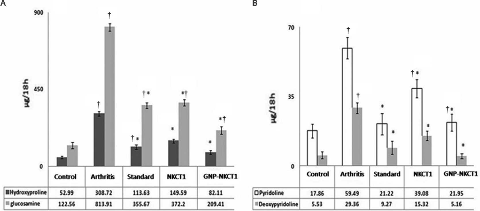 Effect of Naja kaouthia cytotoxin 1 (NKCT1), gold nanoparticle - Naja kaouthia cytotoxin 1 (GNP-NKCT1) and standard drug on urinary hydroxyproline/glucosamine levels (A) and pyridinoline/deoxypyridolone levels (B) of collagenase induced osteoarthritis in male albino rats after day 15. Data (n=6) represent the mean±standard error of mean. *P<0.05 compared to arthritic control group. †P<0.05 compared to sham control group.
