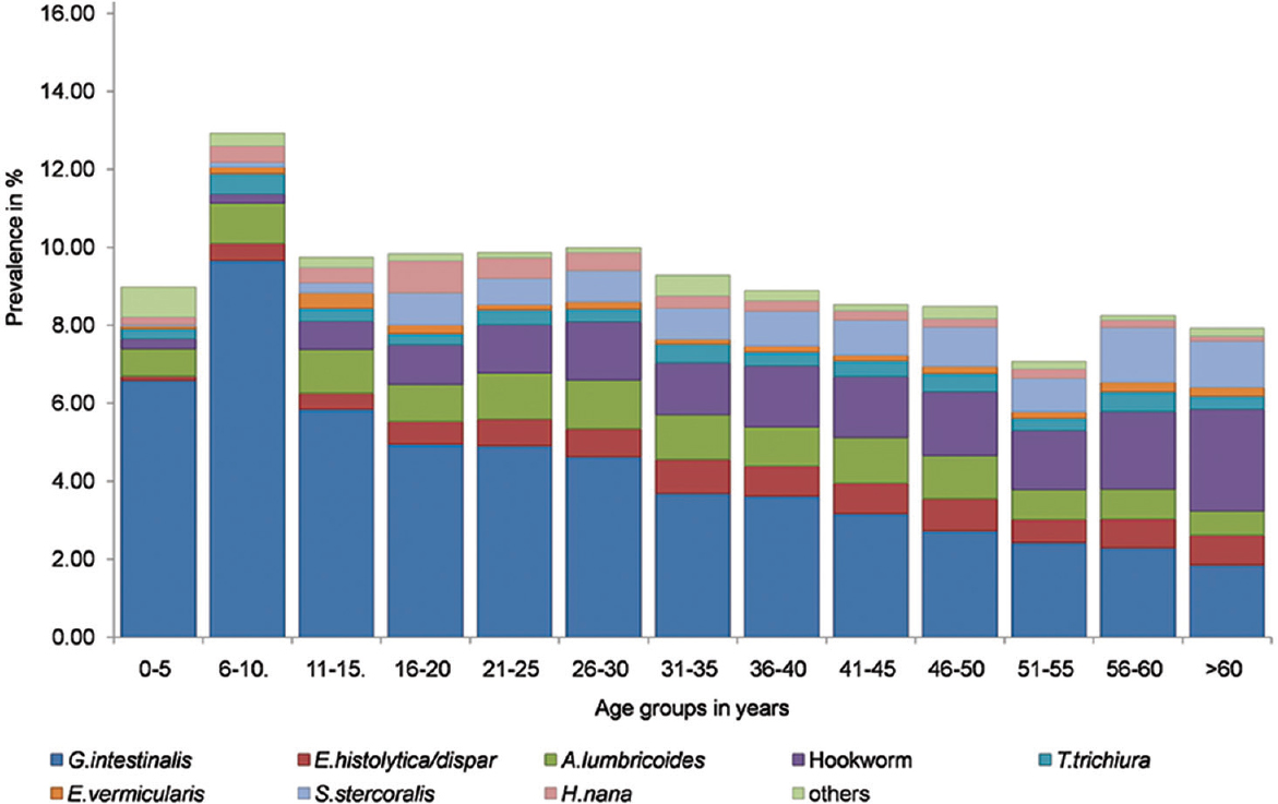 Prevalence of intestinal parasites in different age groups.