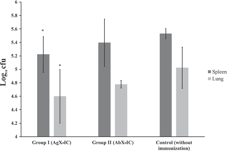 Mean±standard deviation (n=5) of Mycobacterium tuberculosis infection load in guinea pigs infected post-immunization. The infection load is expressed as log10 cfu. Group I (antigen excess IC), animals immunized with antigen excess IC; Group II (antibody excess IC), animals immunized with antibody excess immune complexes; control (without immunization), non-immunized animals.*P<0.05 compared with control group.