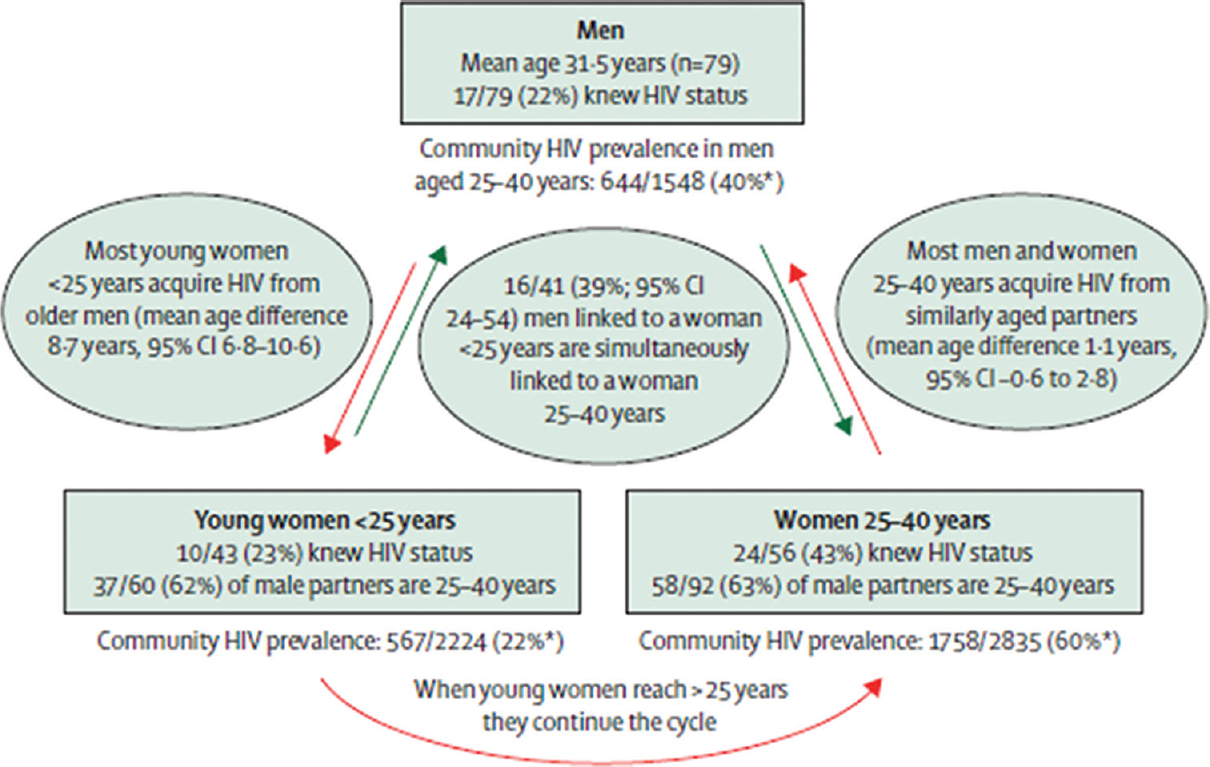 Depicting the cycle of transmission of HIV in a South African cohort. *Weighted HIV prevalence. Source: Ref 10, reproduced with permission.