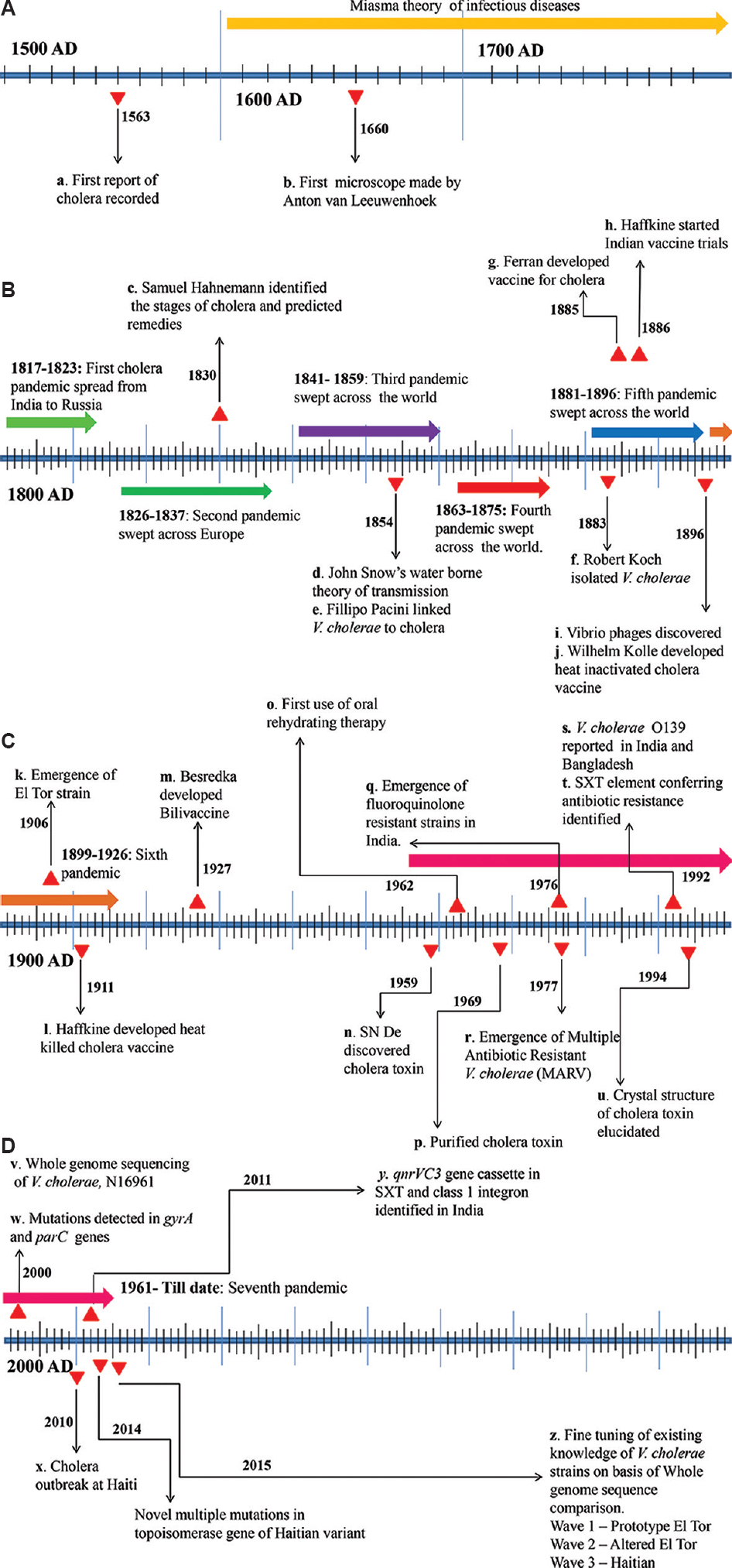 Timeline showing the major events and breakthroughs in cholera research. (A) 16th to 18th century, (B) 19th century, (C) 20th century, (D) 21st century till 2015 are represented. Source: Refs. a13; b18; c19; d16; e14,15; f17; g21; h22; i20; j21; k27; l22; m21; n23; o29; p30; q25; r31; s28; t32; u33; v39; w44; x65; y66; z67.