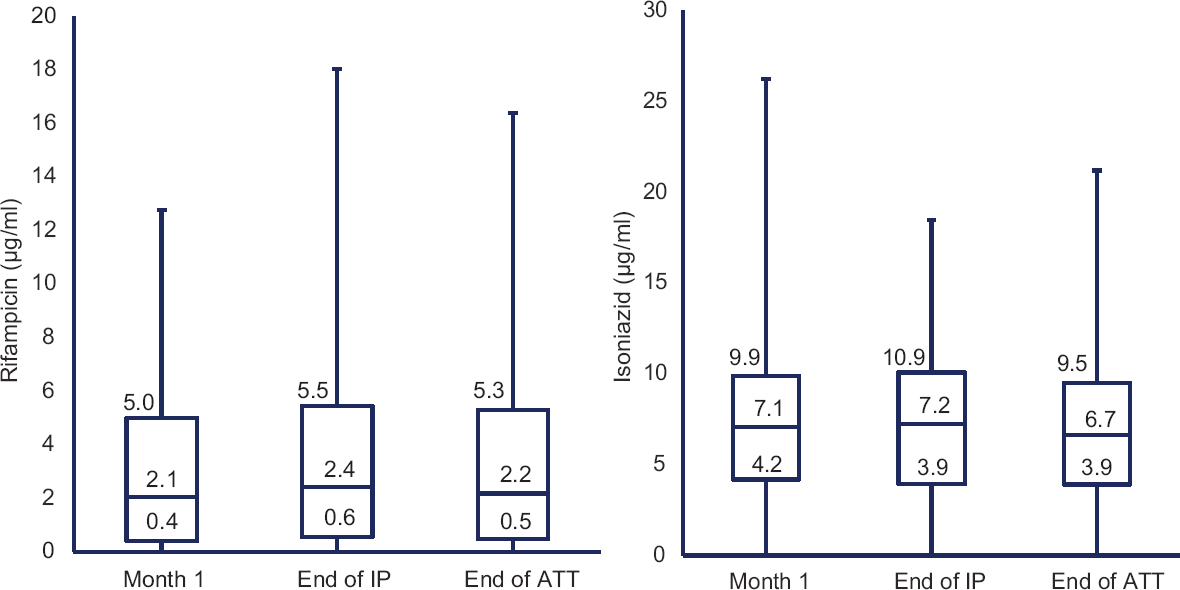 Two-hour drug concentrations at different time points. Pairwise comparison was not significant and values in the box plot indicate the median and interquartile range. IP, intensive phase; ATT, anti-TB treatment.