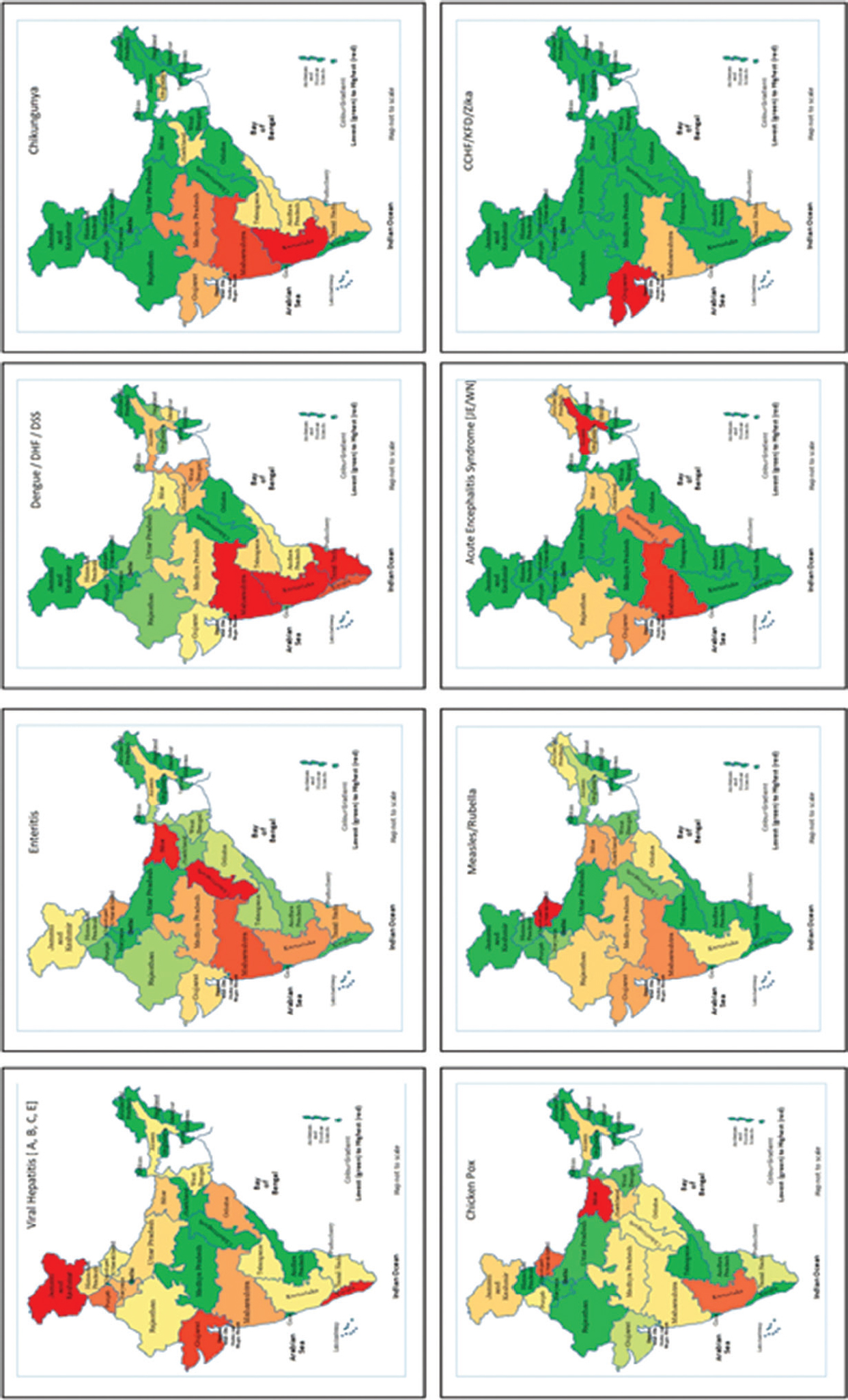 Distribution of State and district-wise outbreaks of public health priority viral diseases. Abbreviations are as given in Fig. 1. Source: Ref. 15.
