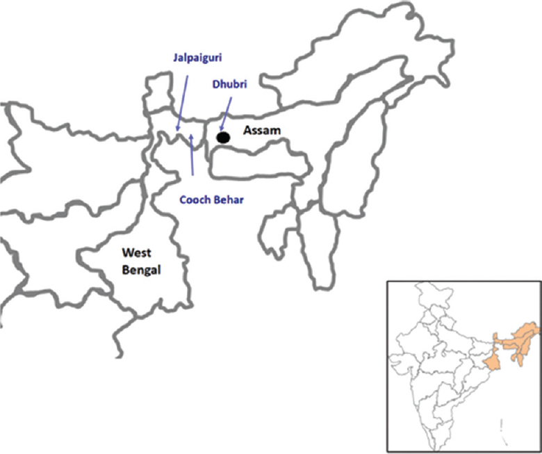 Geographic location of bat collection (indicated by arrows) and Tioman virus positivity in Pteropus giganteus bat (indicated by black dot), North-East India. Source: Adapted from Ref. 34.